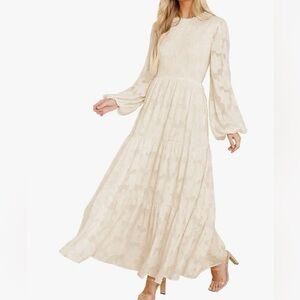 MITILLY Women's Floral Long Sleeve Round Neck A-Line Flowy Tiered Maxi Dress